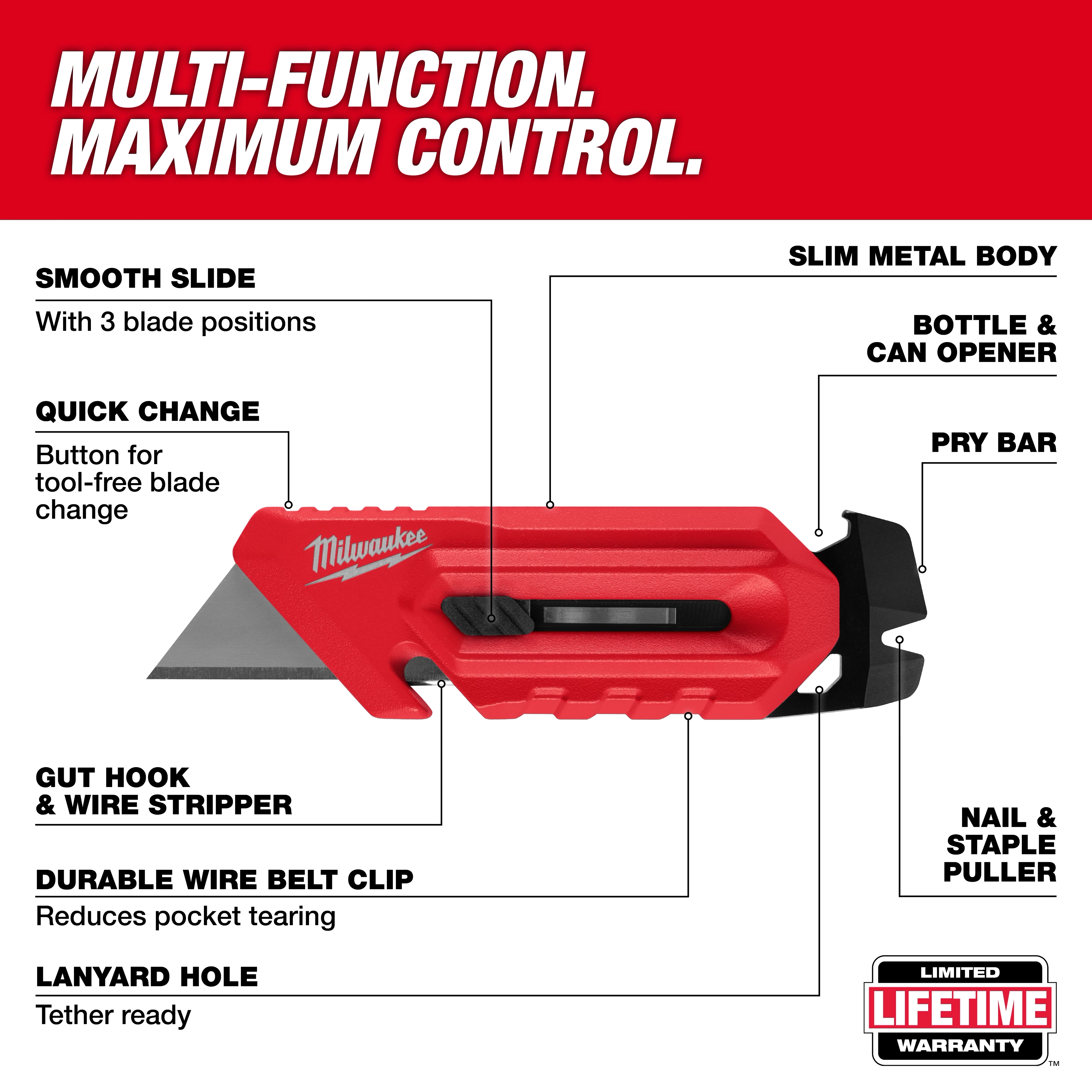 The Milwaukee Multi-function Compact Utility Knife features a durable red handle, quick-change button, smooth slide with three blade positions, gut hook, wire stripper, slim metal body, bottle and can opener, pry bar, nail and staple puller, wire belt clip, and lanyard hole. It includes a lifetime warranty.