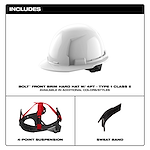 Image of a BOLT™ White Front Brim Hard Hat w/4pt Ratcheting Suspension (USA) - Type 1, Class E. The top section shows the white hard hat. The bottom section features a 4-point suspension system on the left and a sweatband on the right. Text indicates availability in additional colors and styles.