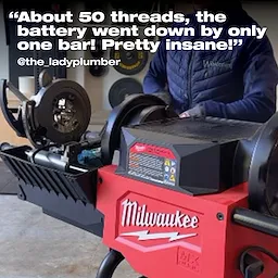 Person using a Milwaukee industrial tool, praised for long battery life with text overlay: "About 50 threads, the battery went down by only one bar