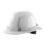 White construction hard hat with a small brim, side adjustments, and a smooth surface.