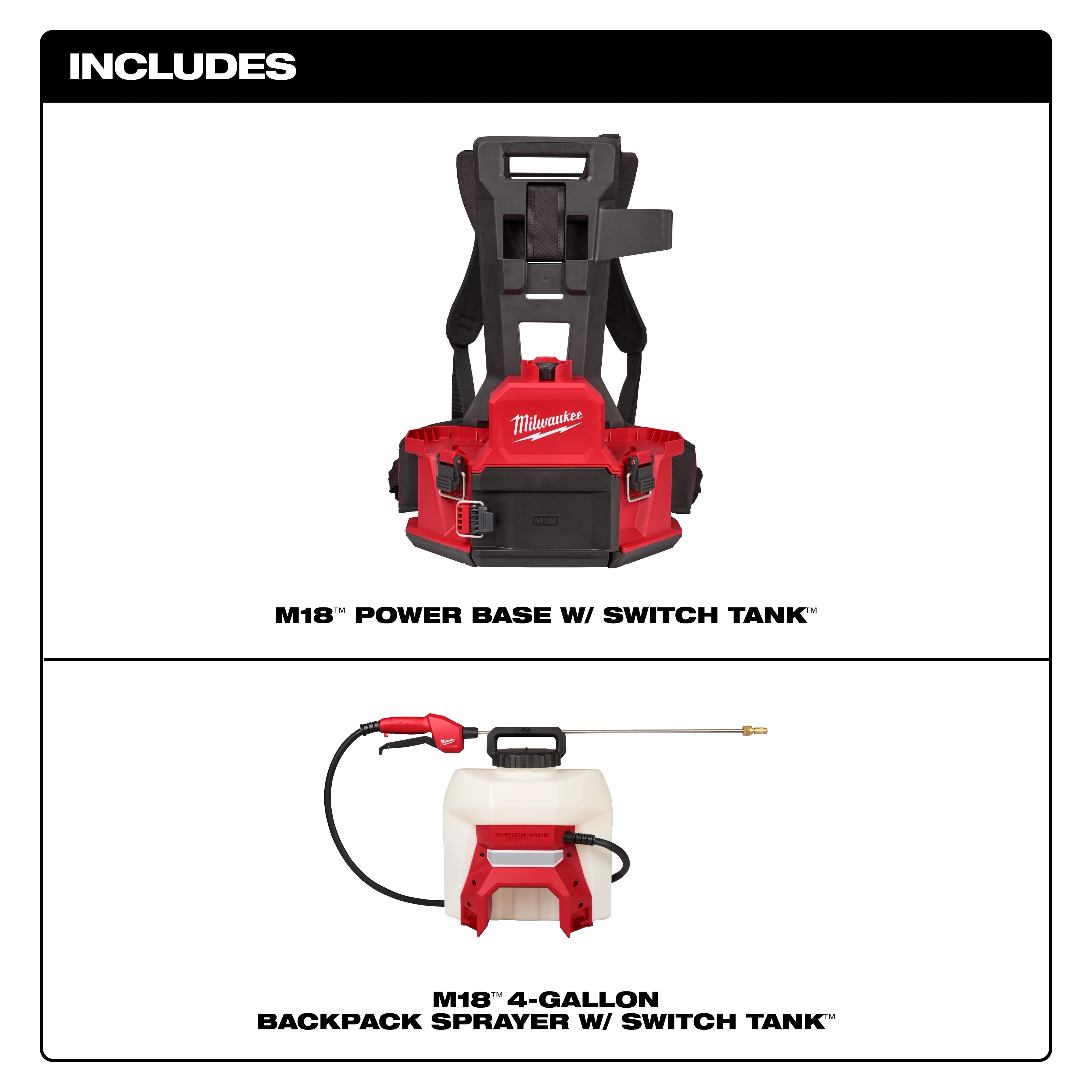 The image shows two items included in the package: the M18 Power Base with Switch Tank and the M18 4-Gallon Backpack Sprayer with Switch Tank. The Power Base is a red and black harness, while the Backpack Sprayer is a white tank with a red base and includes a spray wand.