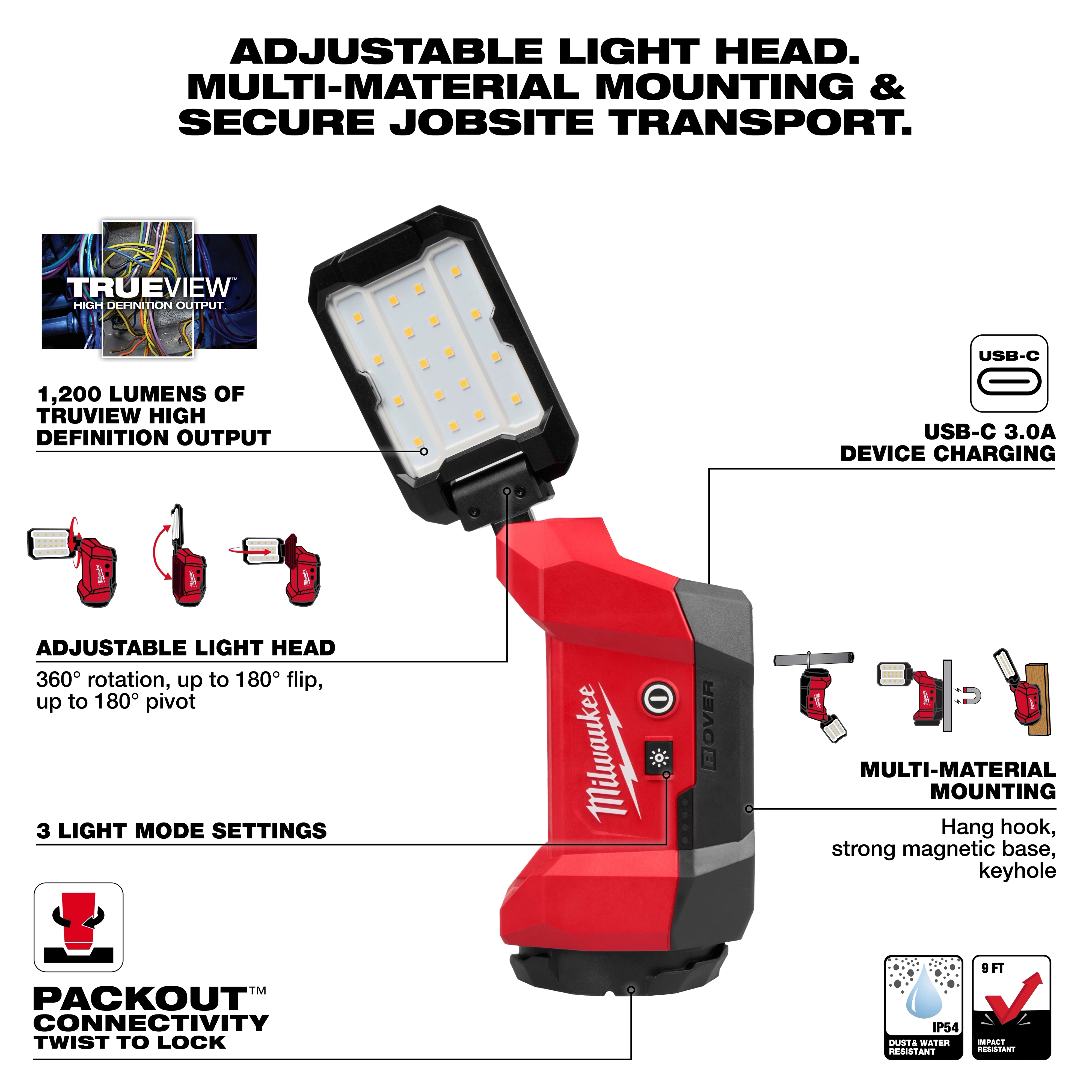 Milwaukee M12™ ROVER™ Multi-Directional Flood Light w/ PACKOUT™ Compatibility features adjustable light head, 1200 lumens output, and 3 light modes. Includes USB-C 3.0A charging, multi-material mounting options, and PACKOUT™ twist-to-lock connectivity. Ideal for jobsite transport and secure mounting.