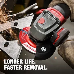 Angle grinder with Bonded Abrasives Metal disc grinding a metal piece, emitting sparks. Text overlay reads "LONGER LIFE. FASTER REMOVAL."