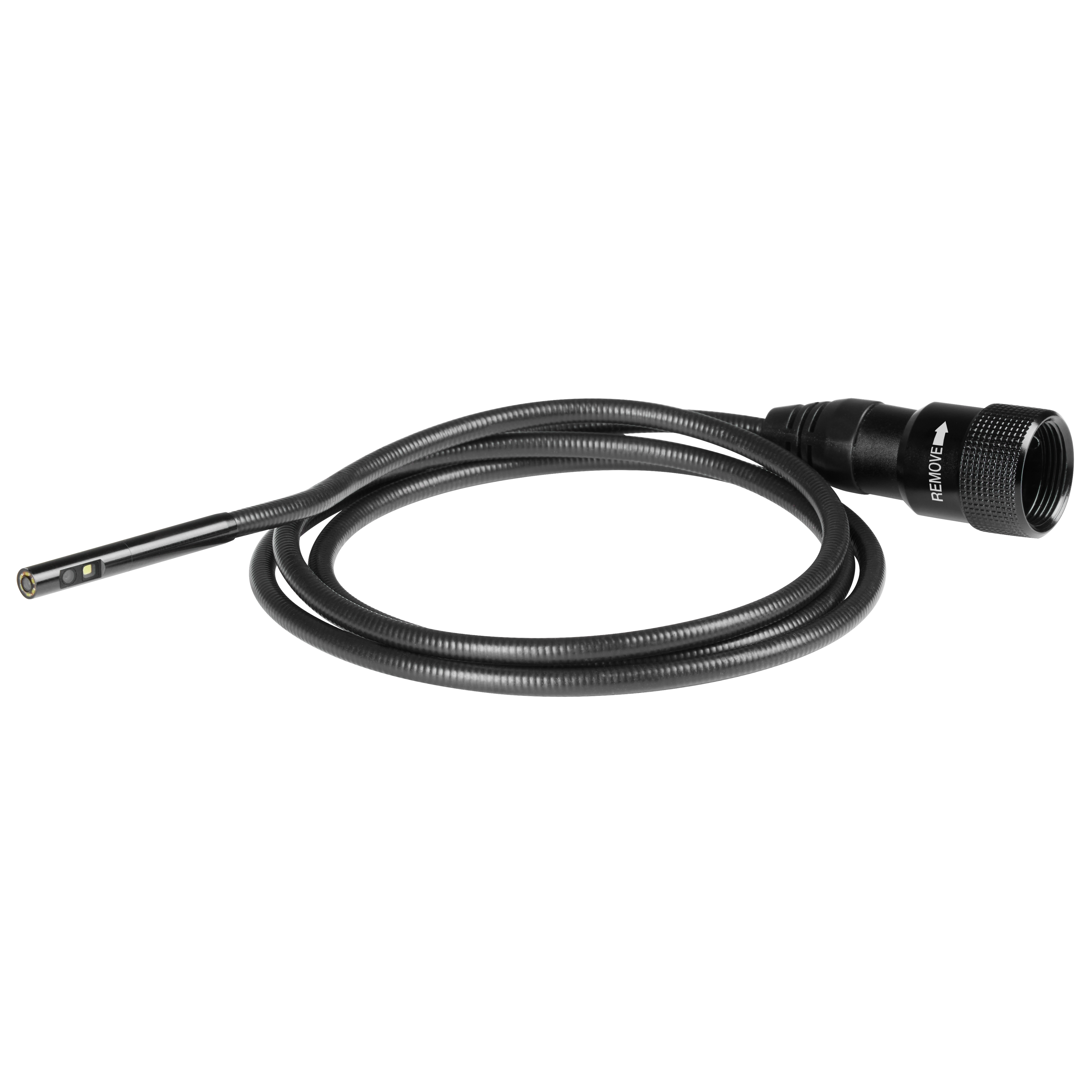 5mm Borescope Camera Cable features a slender, flexible design ideal for inspecting hard-to-reach areas. It has a small camera at one end and a connector at the other, marked with a "REMOVE" label and an arrow. The cable is black and appears to be ribbed for durability.