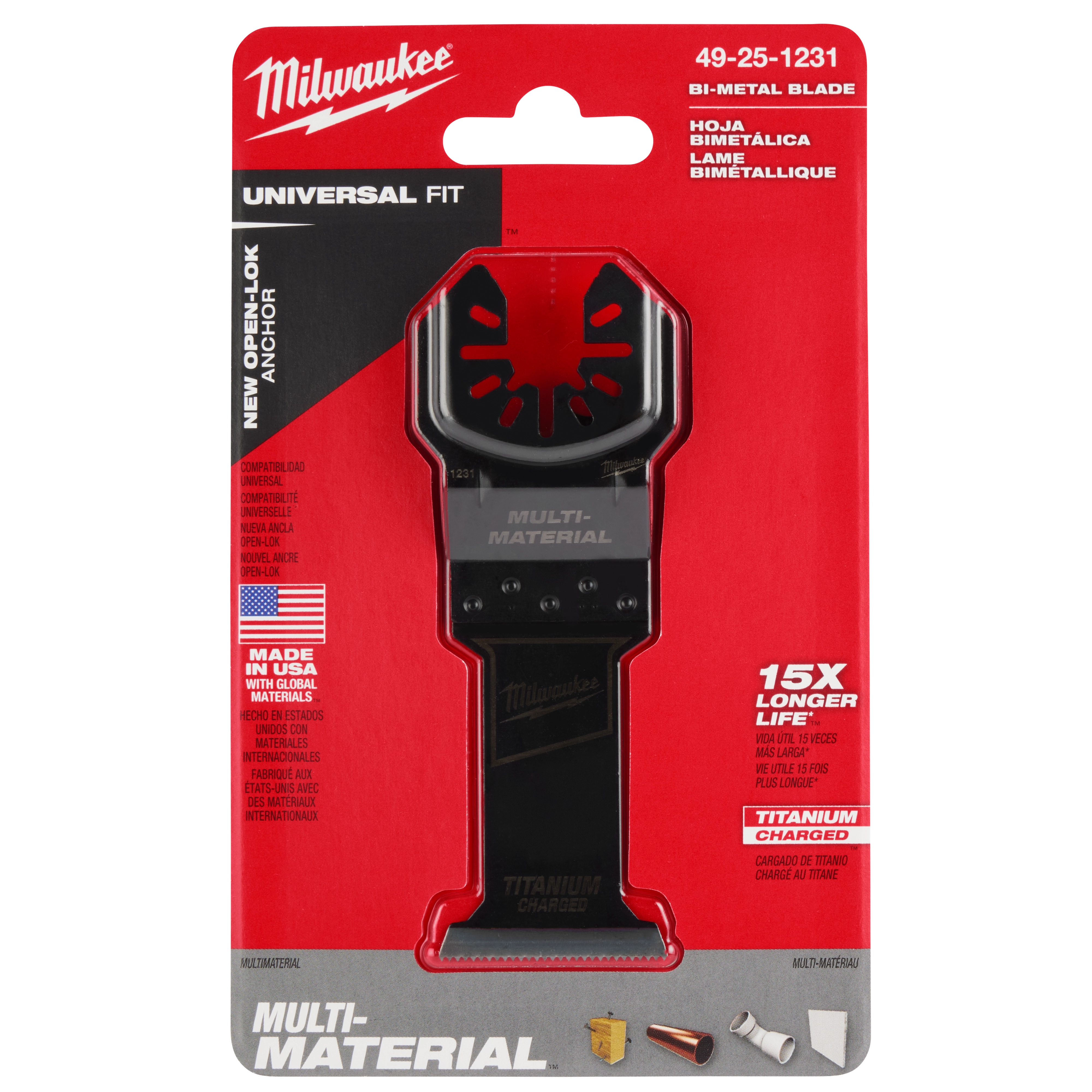 Milwaukee Open-Lok 1-3/8" Titanium Charged Bi-Metal Multi-Material Multi-Tool Blade in red packaging with various specifications.