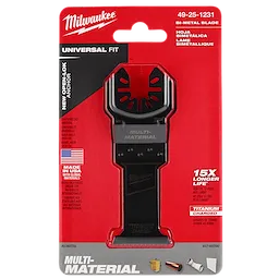 Milwaukee Open-Lok 1-3/8" Titanium Charged Bi-Metal Multi-Material Multi-Tool Blade in red packaging with various specifications.