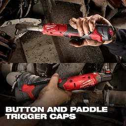 Hands using the red and black M12 FUEL 1/4" Extended Reach Ratchet in tight mechanical spaces.