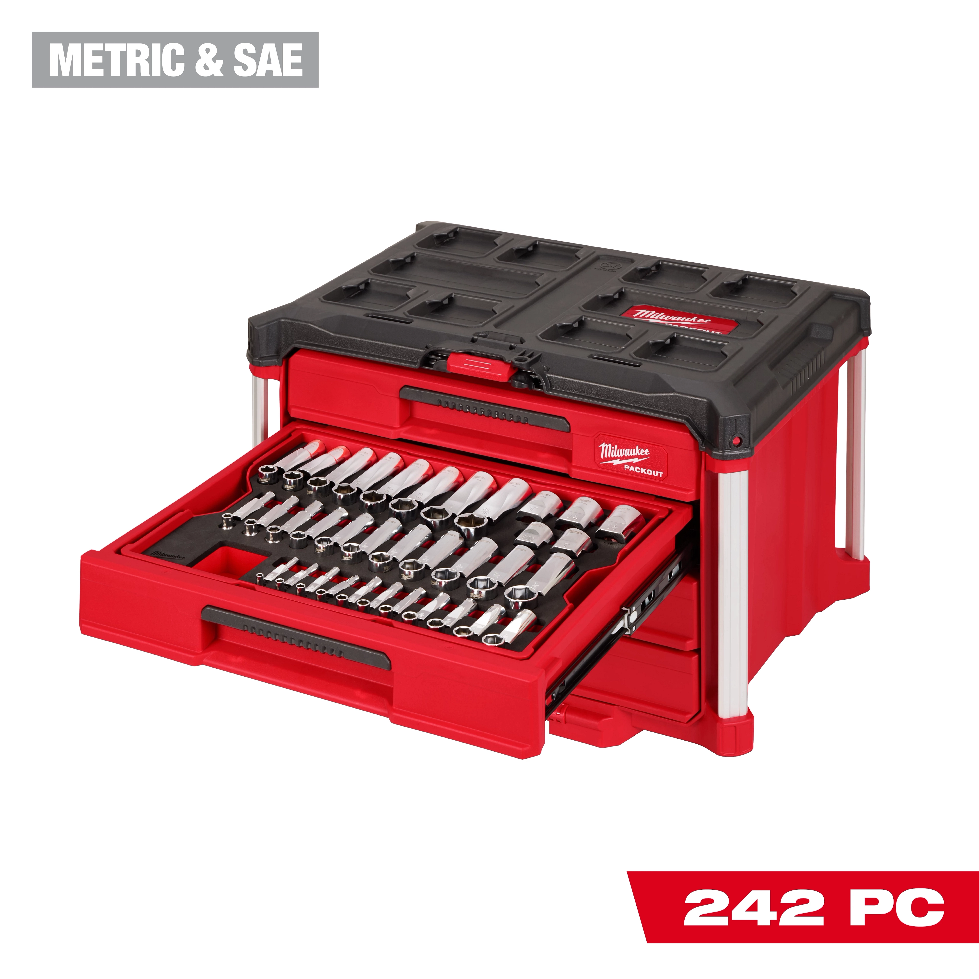 Milwaukee PACKOUT 242-piece 1/4”, 3/8”, and 1/2” drive metric and SAE ratchet and socket set displayed in a red and black 4-drawer tool box. The top drawer is open, showing organized sockets and tools. The box is marked “Metric & SAE” and “242 PC” in white and red text.