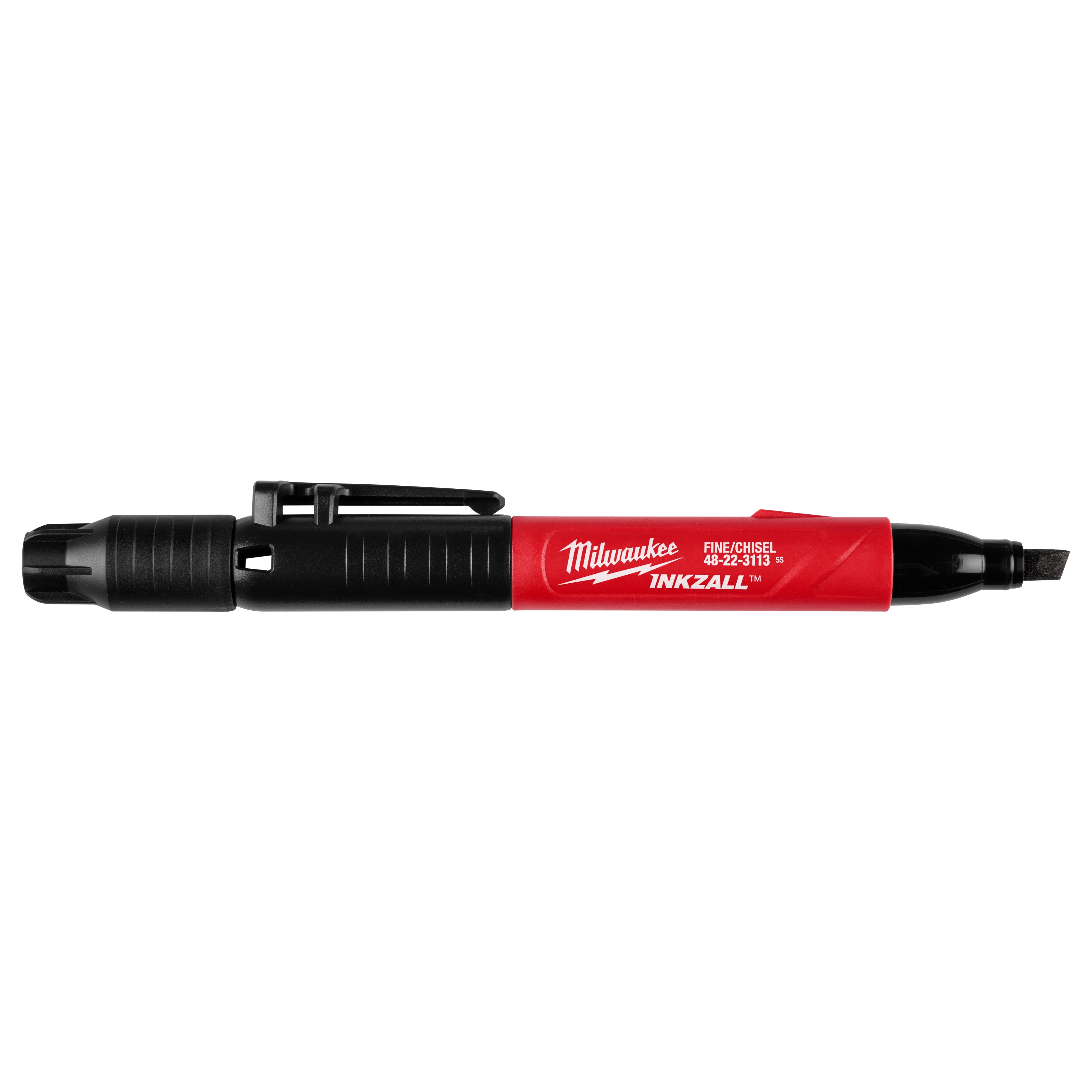 The Milwaukee INKZALL Double-Sided Black Jobsite Marker features a fine-point tip on one end and a chisel tip on the other. It has a black clip-on cap on both ends, with a black and red body.