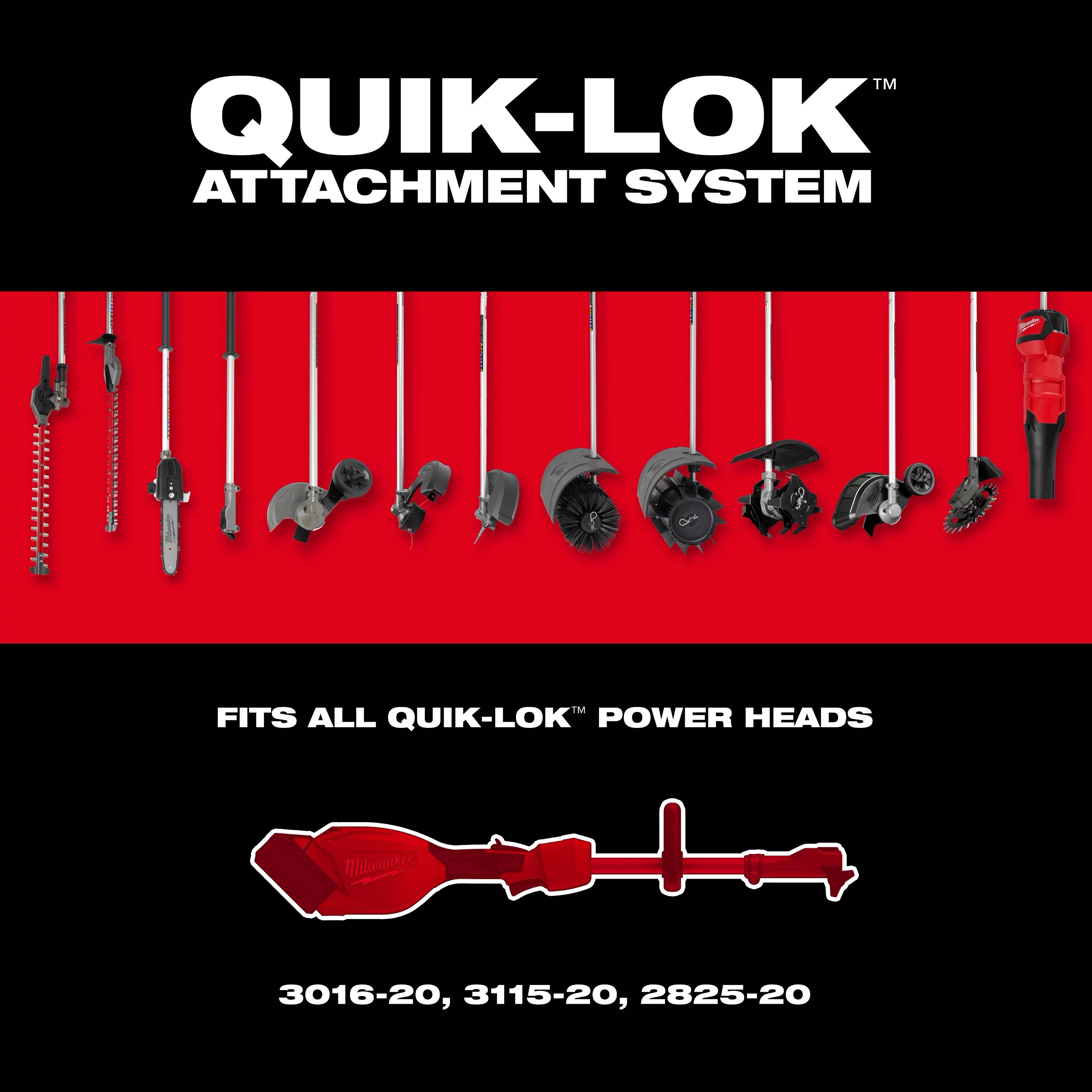 QUIK-LOK attachment system display with multiple lawn tool attachments and M18 FUEL QUIK-LOK power head on red background.