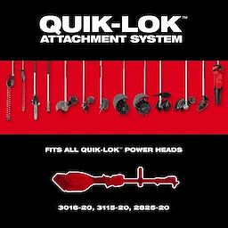 QUIK-LOK attachment system display with multiple lawn tool attachments and M18 FUEL QUIK-LOK power head on red background.
