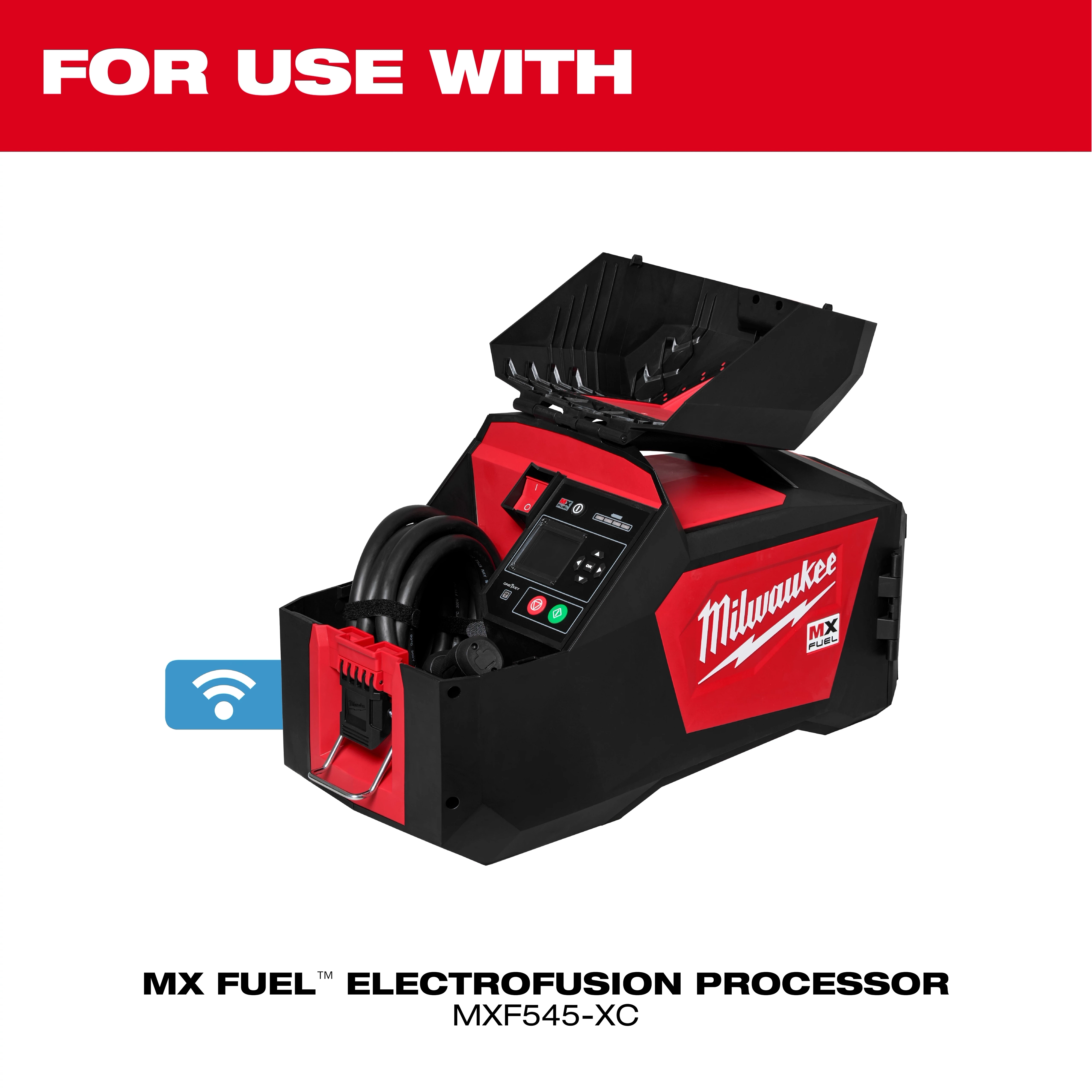 The MX FUEL™ 15' Electrofusion Leads are shown with the Milwaukee MX FUEL Electrofusion Processor MXF545-XC. The processor features a digital interface and a compartment for electrofusion leads.