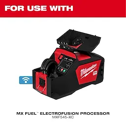 The MX FUEL™ 15' Electrofusion Leads are shown with the Milwaukee MX FUEL Electrofusion Processor MXF545-XC. The processor features a digital interface and a compartment for electrofusion leads.