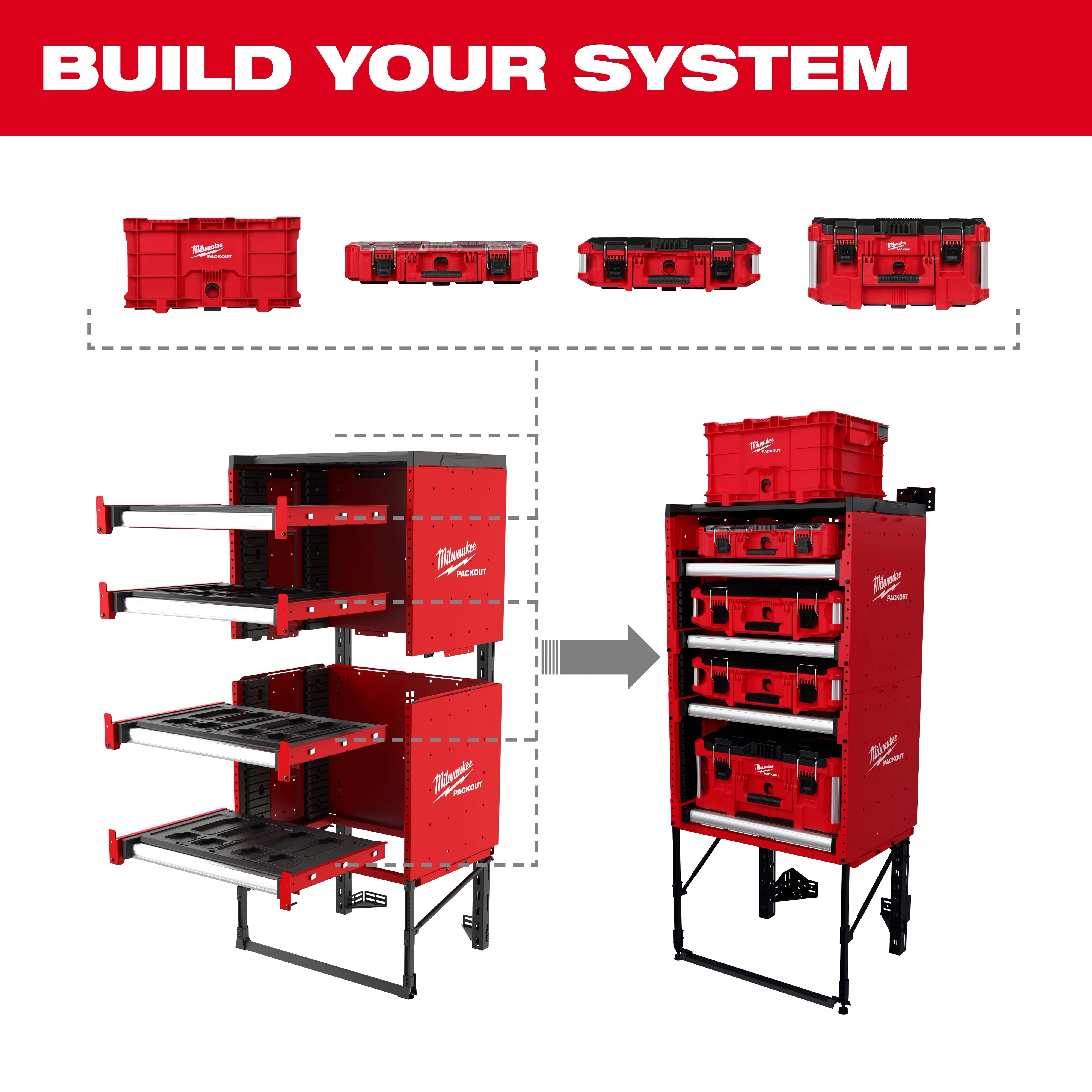 The PACKOUT™ Rack system showcases customizable red storage racks and crates. The left side displays empty shelving units, while the right side shows the completed rack system fully loaded with storage bins and toolboxes, accompanied by the text “Build Your System” at the top.