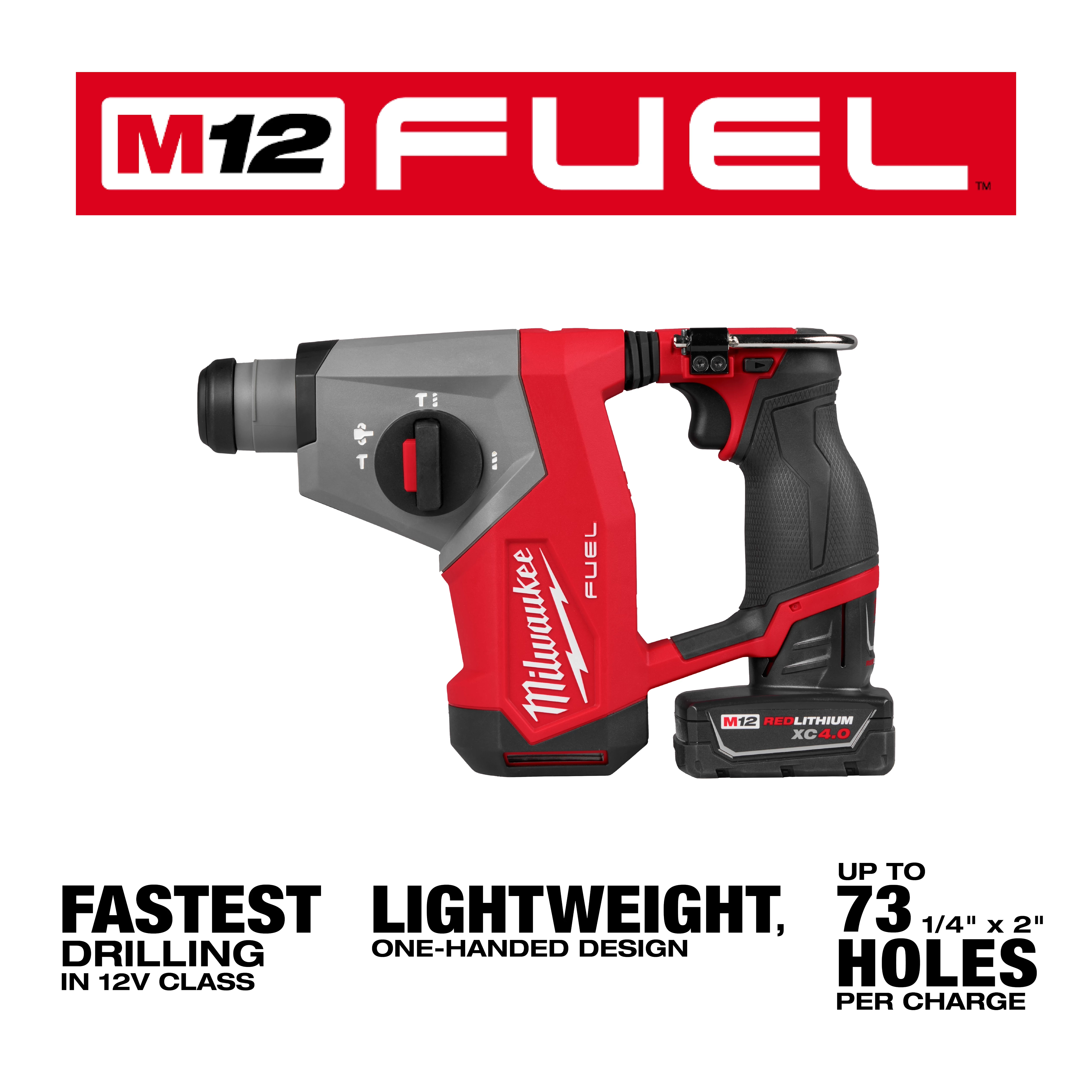 Milwaukee M12 Fuel drill, marketed with fastest drilling, lightweight design, up to 73 holes per charge.