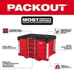 The 366pc. Master Mechanics Hand Tool Set with PACKOUT™ Drawers and Dolly features a red modular storage system with a locking security bar, impact-resistant body, steel ball-bearing slides, and metal-reinforced corners. It is compatible with all PACKOUT™ components and has a 50-lb capacity.