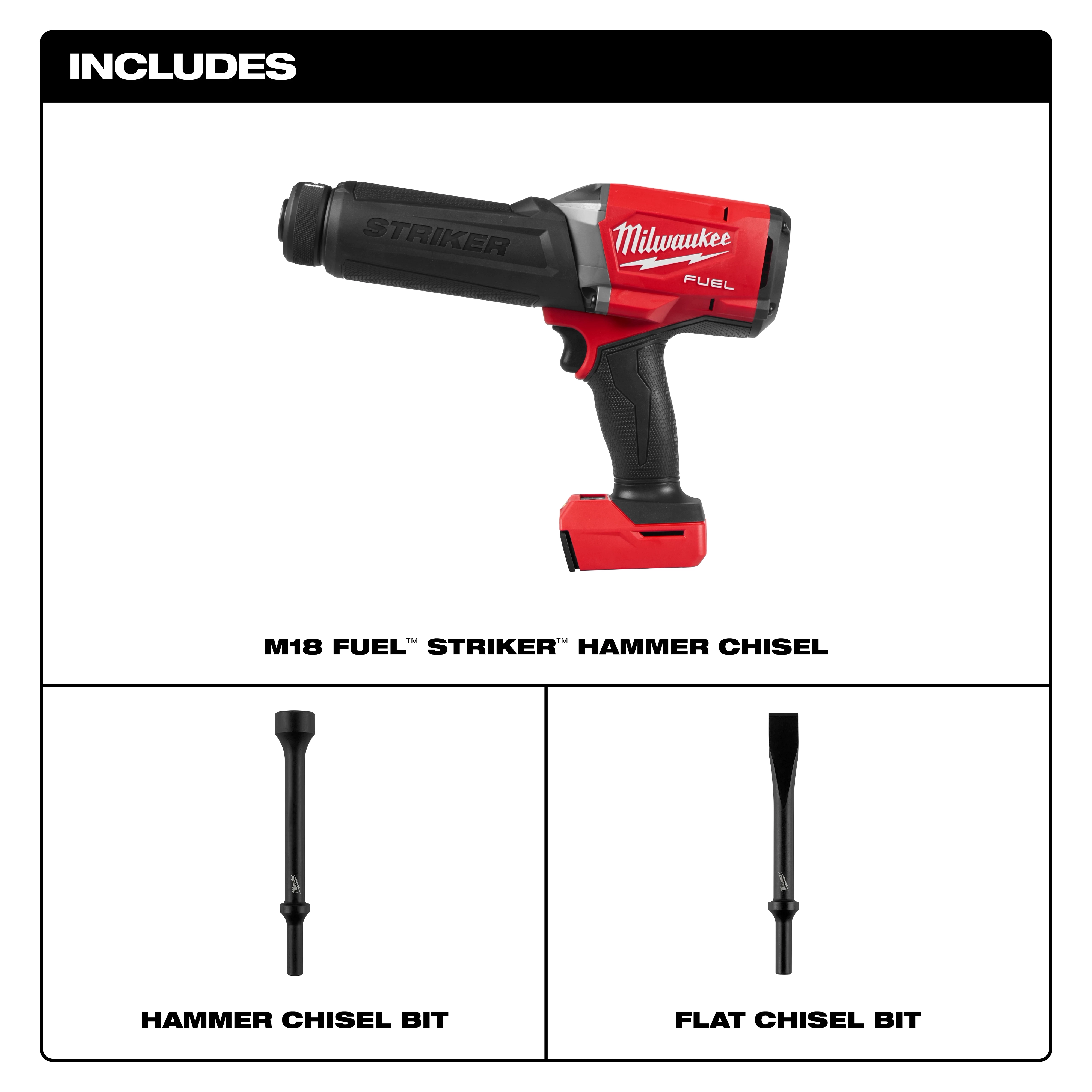 M18 FUEL STRIKER Hammer Chisel tool with hammer chisel bit and flat chisel bit displayed below.