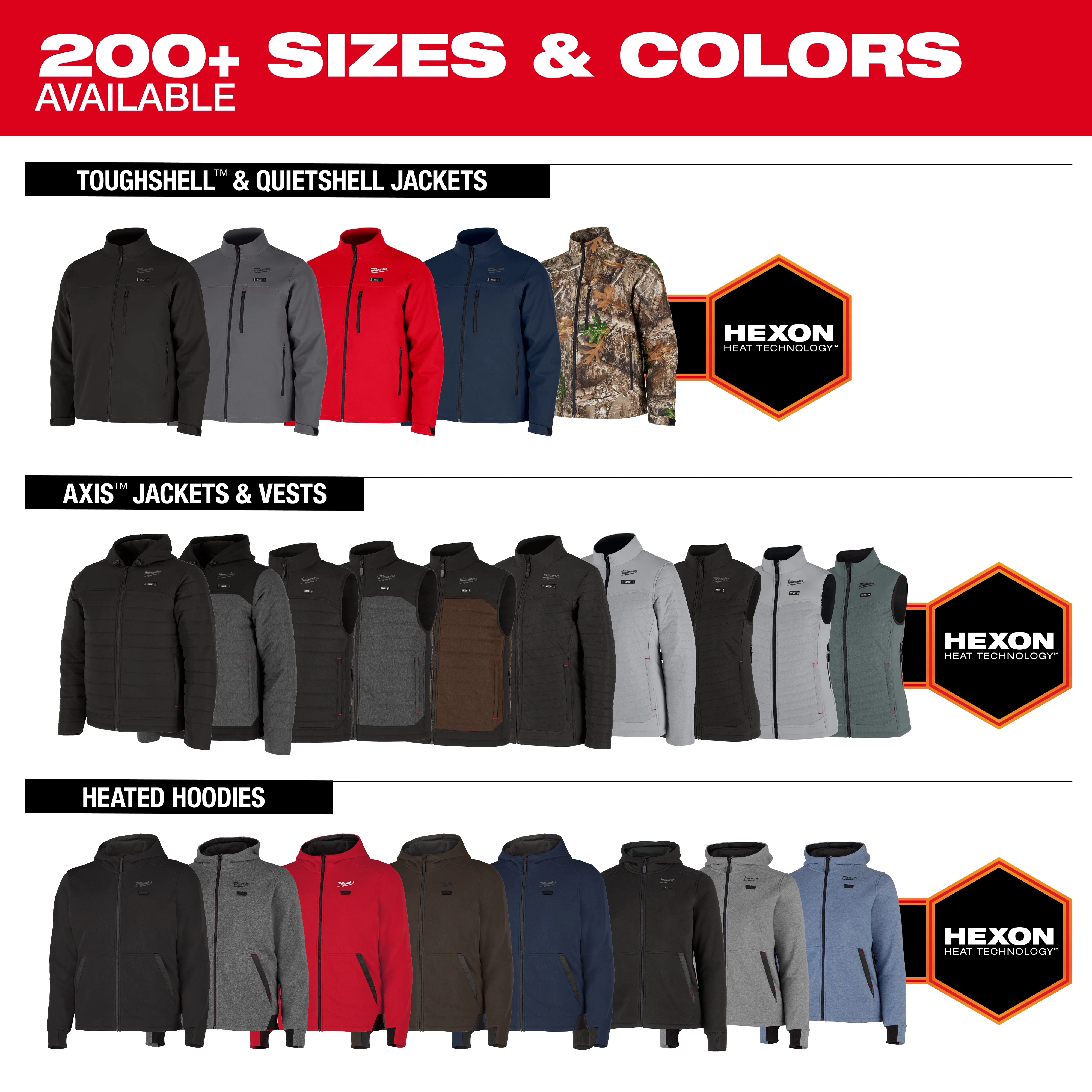 M12 Heated Hoodie collection displayed among other apparel, available in various colors including black, grey, red, and blue. The selection also highlights Toughshell and Quietshell jackets, and Axis jackets and vests with Hexon Heat Technology. Over 200 sizes and colors are available.