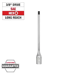 3/8" Drive 3/16" Long Hex Bit Socket with long reach, designed for SAE hex fasteners. Includes lifetime guarantee badge.