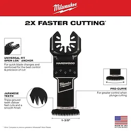 Milwaukee Open-Lok 1-3/8" HCS Japanese Tooth Pro-Curve Hardwood Multi-Tool Blade with universal fit, triple-ground teeth for smooth cutting.