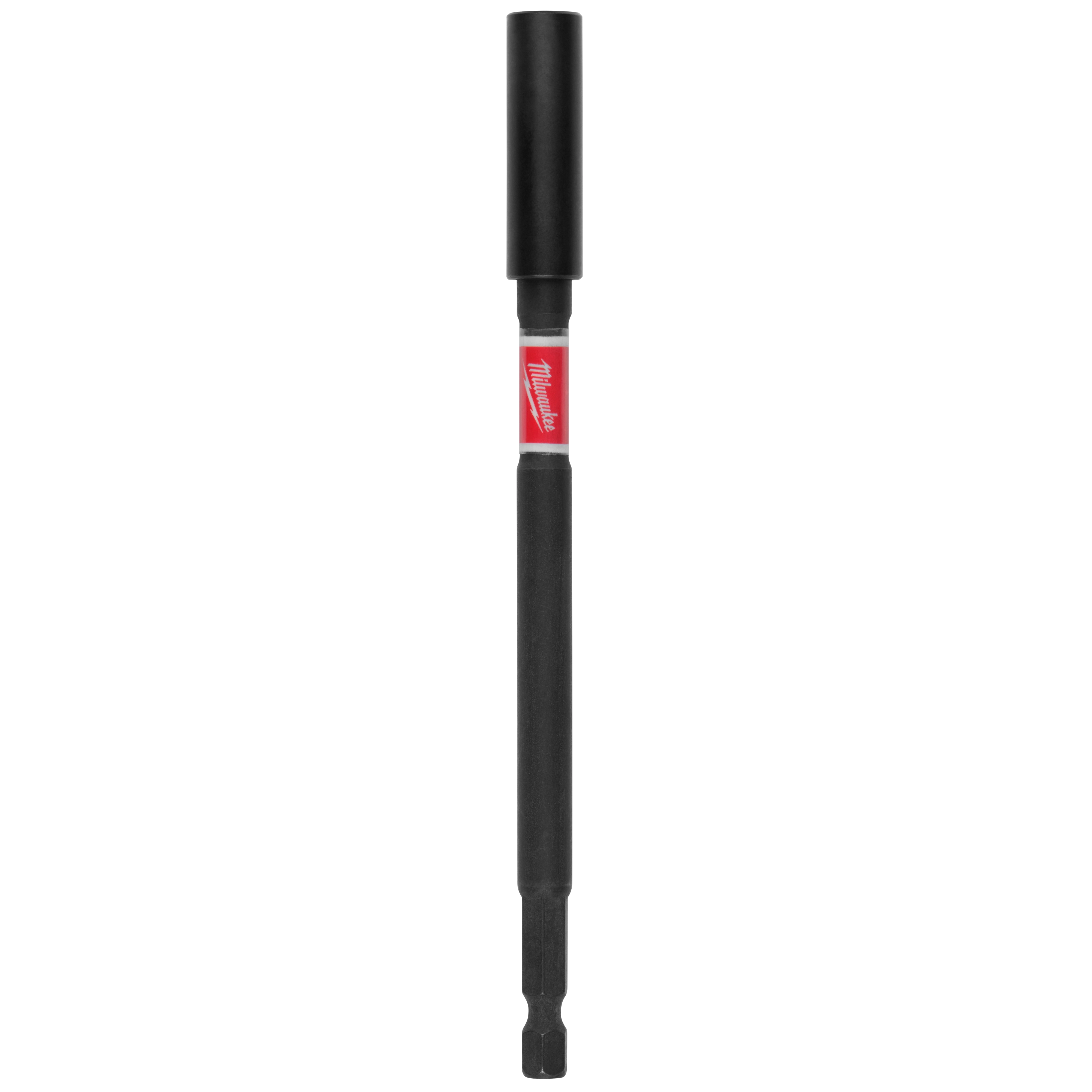 The image shows a SHOCKWAVE™ 6" Impact Duty Magnetic Bit Holder. It is black with a red label in the middle displaying the Milwaukee brand logo. The magnetic bit holder is designed for impact duty use.