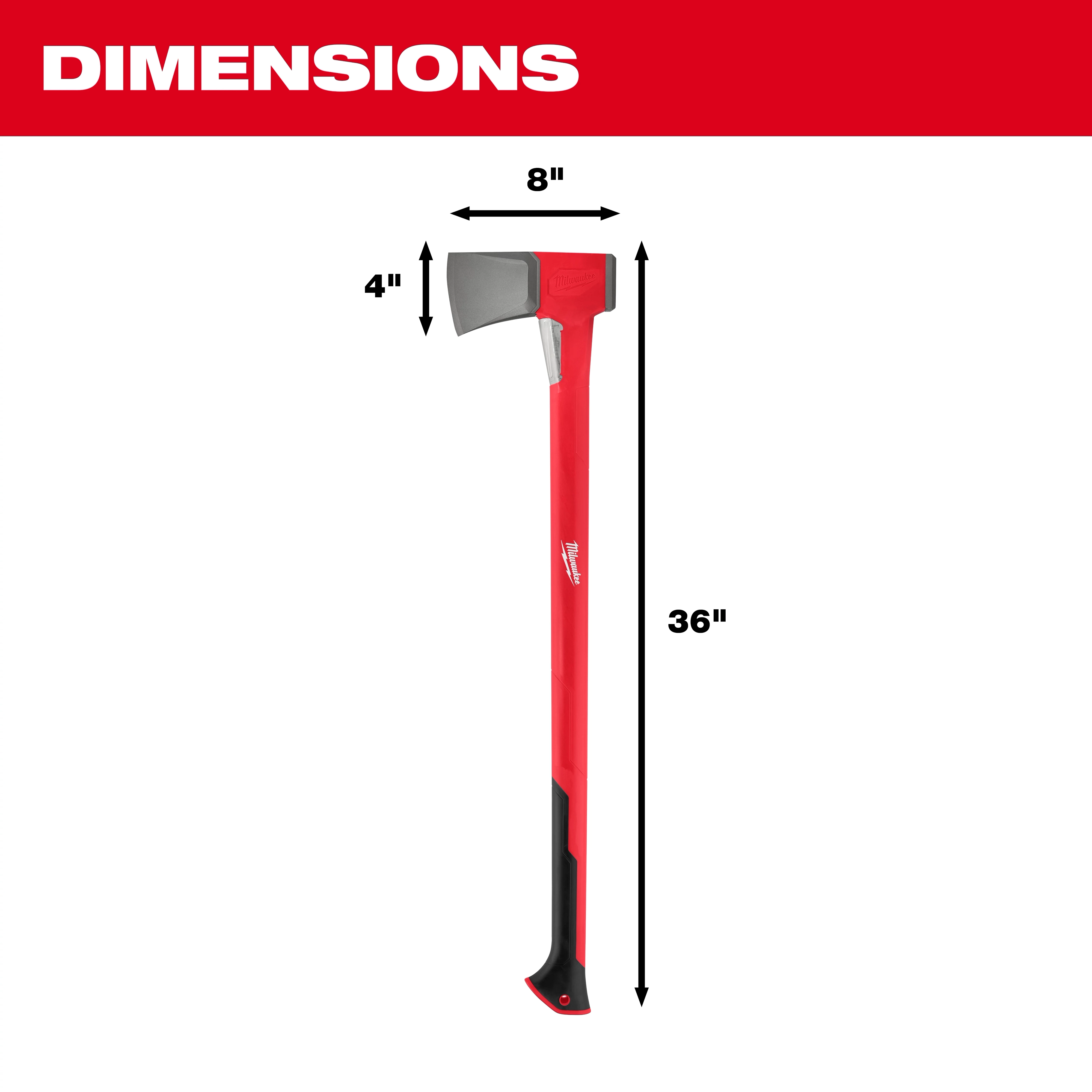 Red 36" Splitting Axe with a black handle and silver blade. Dimensions are 36" long, 8" blade width, and 4" blade height.