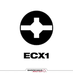 The image displays the SHOCKWAVE™ EXC1 Tip Type, featuring a black circular icon with a white cross-shaped pattern inside it. Below the icon, the term "ECX1" is written in bold black letters. The SHOCKWAVE™ Impact Duty logo is visible at the bottom.