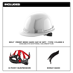 The image shows a BOLT™ White Front Brim Hard Hat with a 6-point ratcheting suspension. It is Type 1, Class E and available in additional colors/styles. The product includes the white front brim hard hat, a 6-point suspension system, and a sweat band.