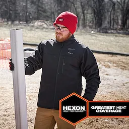 The M12 Heated TOUGHSHELL Jacket with Hexon heat technology provides the greatest heat coverage, ideal for outdoor work.