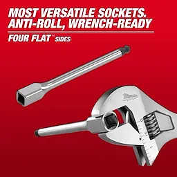 Long Ball End Bit Socket with four flat sides, shown with a wrench against a red background. Text highlights versatility and anti-roll features.