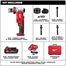 Milwaukee M18 Force Logic 6 Ton Knockout Tool Kit includes knockout tool, 10 punches and dies, three draw studs, M18 Redlithium CP2.0 battery, M18 and M12 charger, adapter, ball stud, coupler, quick connect collar, and carrying case.