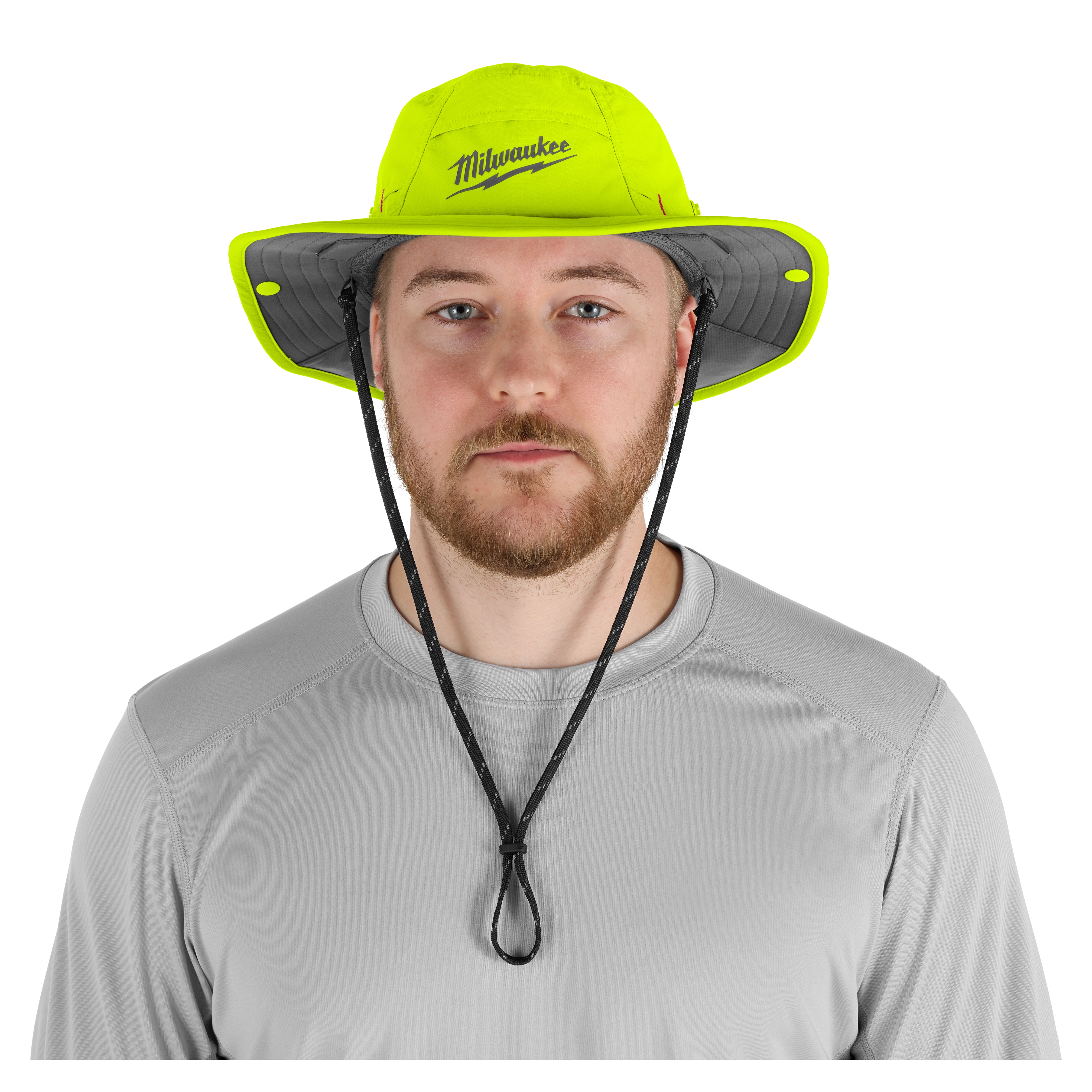 The WORKSKIN Sunshade Hat is a high-visibility green hat with a wide brim and adjustable chin strap.