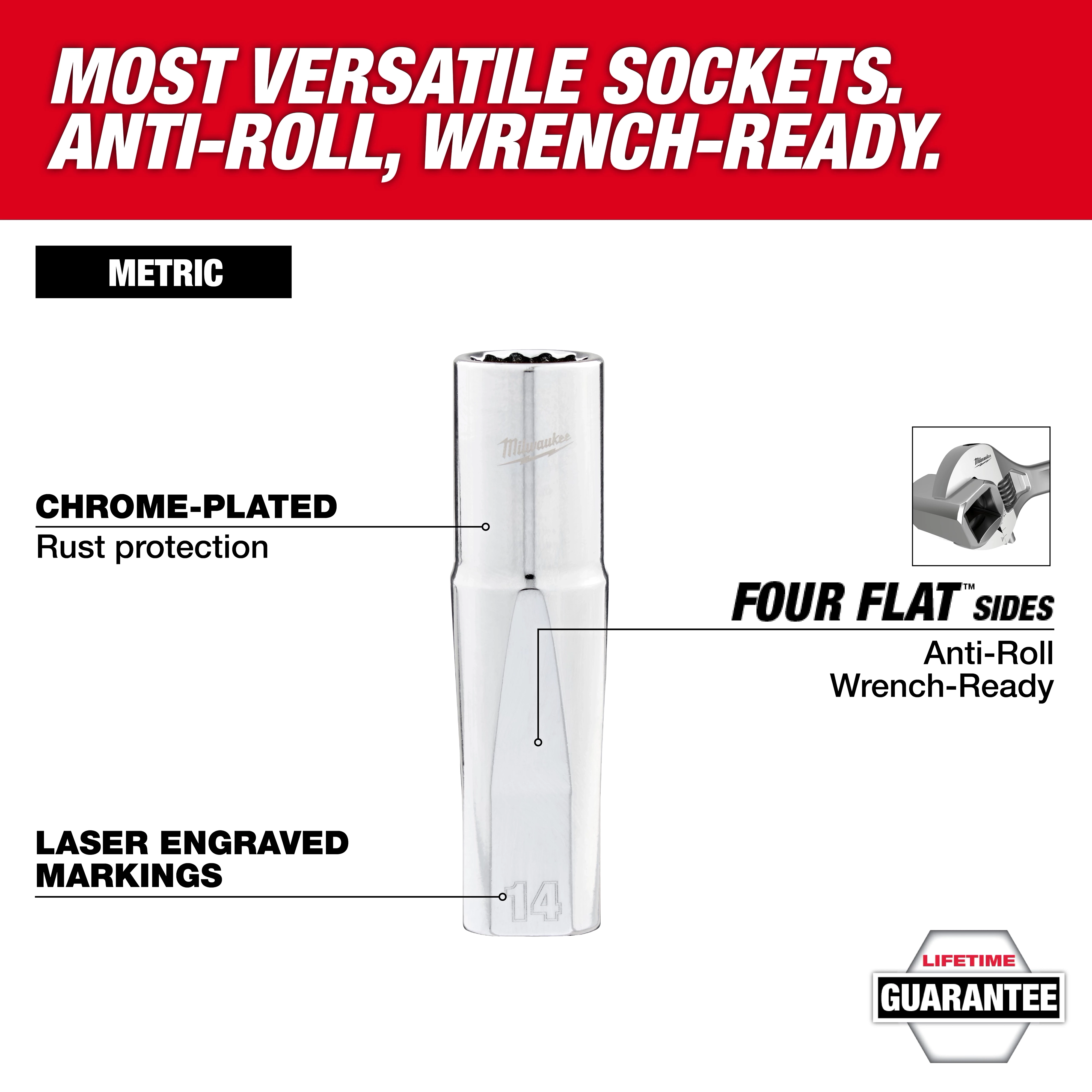 The image shows a chrome-plated 12PT Metric Socket with laser engraved markings and four flat sides for anti-roll and wrench-ready functionality. The background text emphasizes it as versatile with rust protection and a lifetime guarantee.