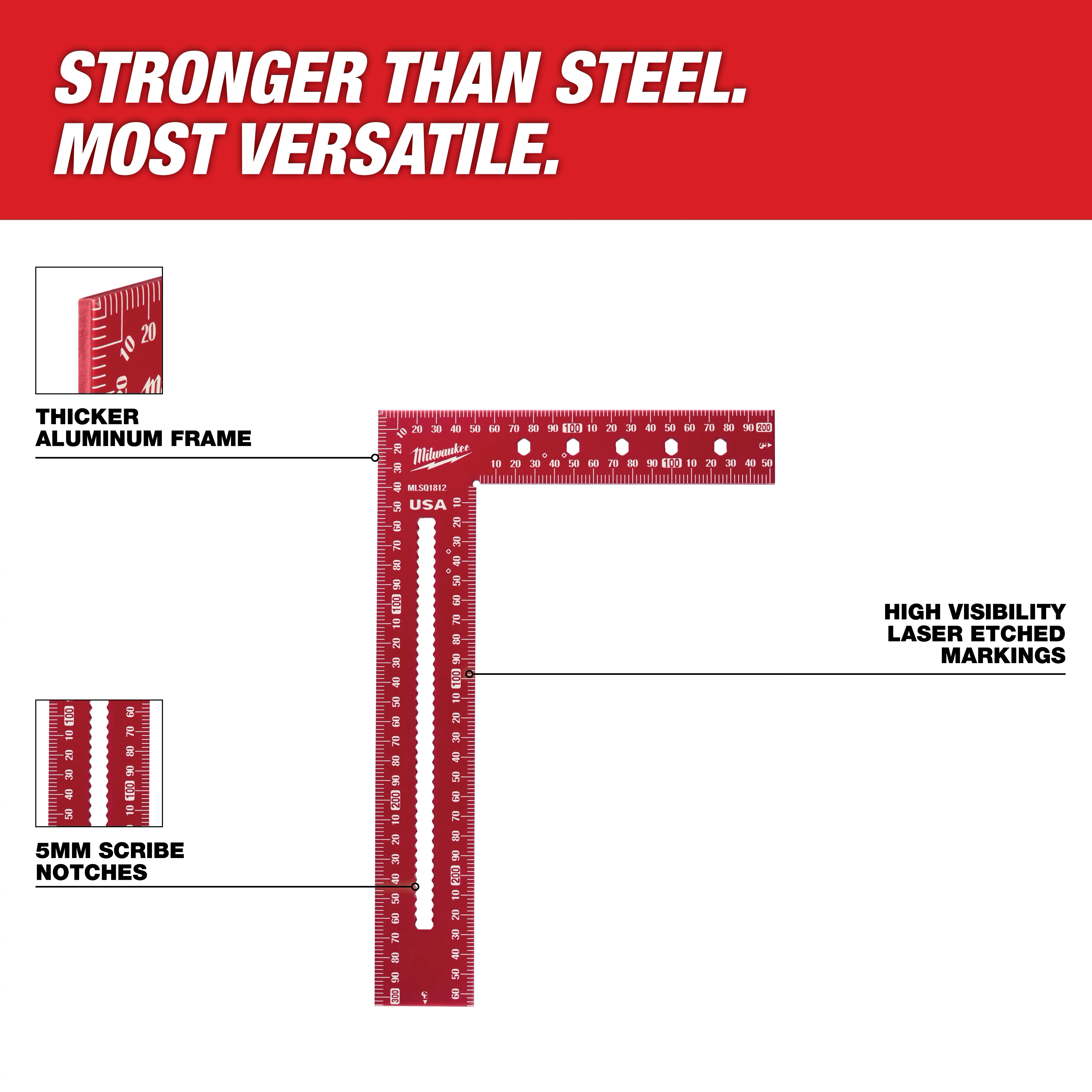 Image of a red framing square tool with laser-etched markings. Text reads "STRONGER THAN STEEL. MOST VERSATILE." It highlights a thicker aluminum frame, high visibility laser-etched markings, and 5mm scribe notches. The tool features measurement scales along its edges.