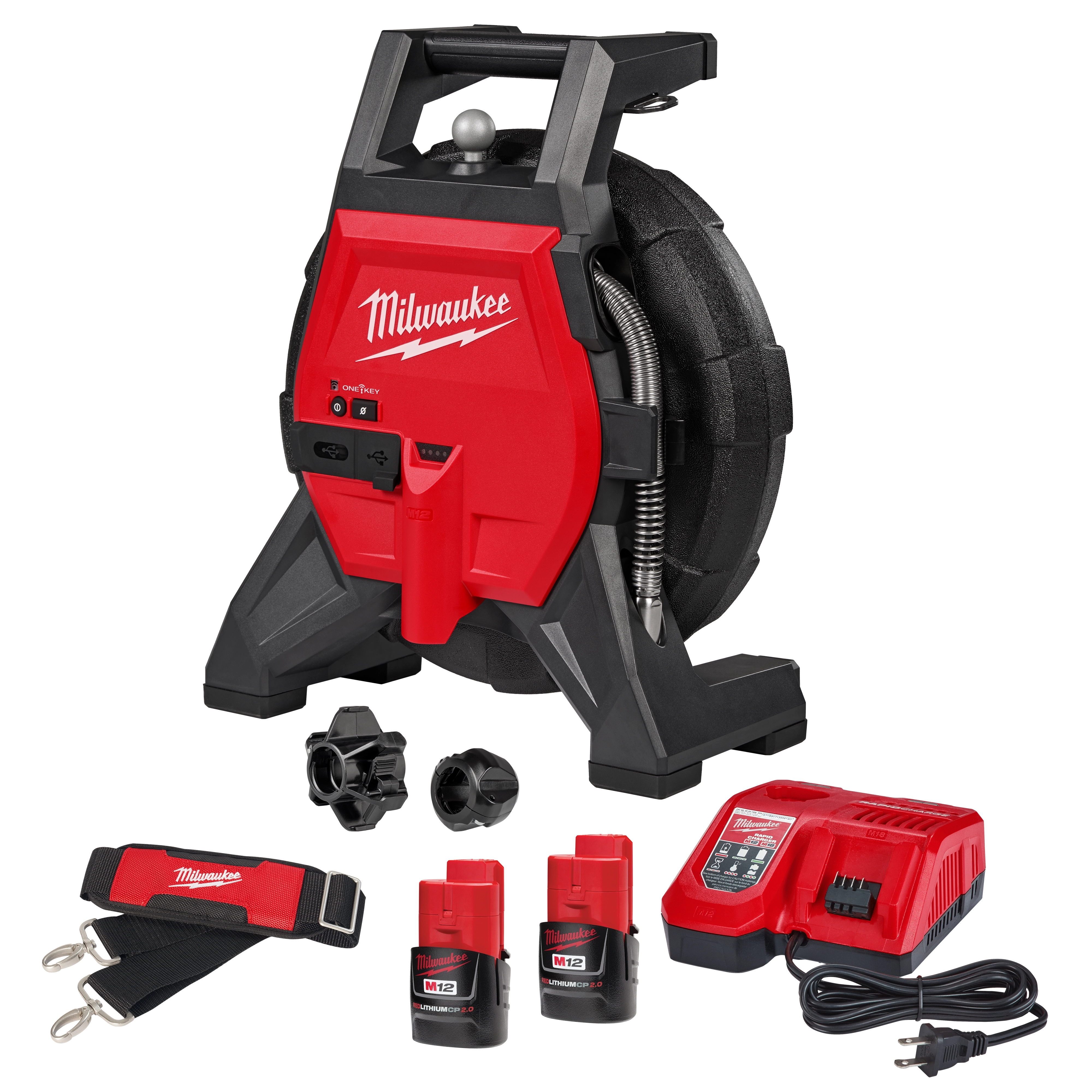 This image shows a Milwaukee drain snake kit, including the main red and black snake device, two M12 batteries, a charger, two attachment heads, and a strap.