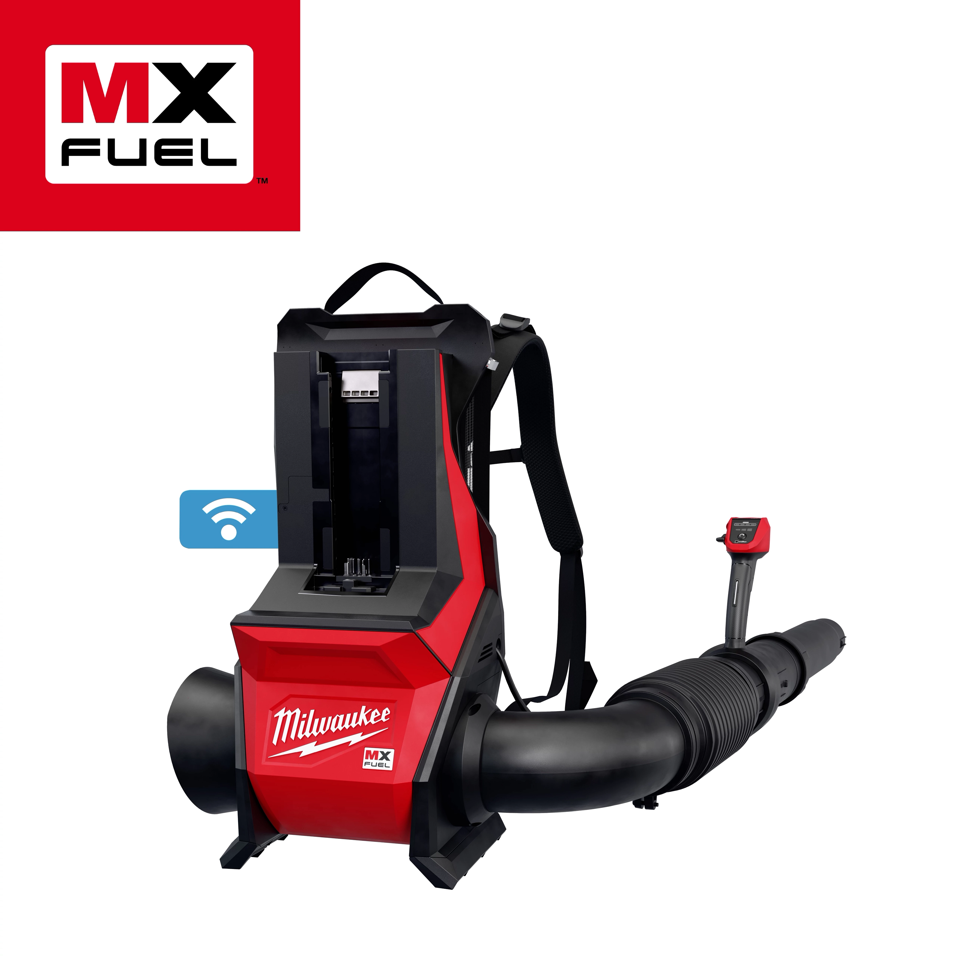 The MX FUEL™ Backpack Blower from Milwaukee is shown. It features a red and black design, adjustable harness, and a large blower tube. The MX FUEL™ logo is visible in the top left corner.