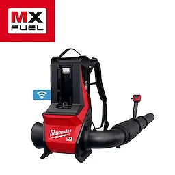 The MX FUEL™ Backpack Blower from Milwaukee is shown. It features a red and black design, adjustable harness, and a large blower tube. The MX FUEL™ logo is visible in the top left corner.
