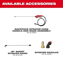 This image displays three available accessories for a backpack sprayer: a hose handle and wand assembly, an 18-inch short sprayer wand, and sprayer nozzles. Each item is labeled with its part number, and the image has a red header stating "AVAILABLE ACCESSORIES."