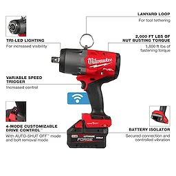 M18 FUEL 3/4" High Torque Impact Wrench w/ ONE-KEY Kit with labeled features and battery attached.
