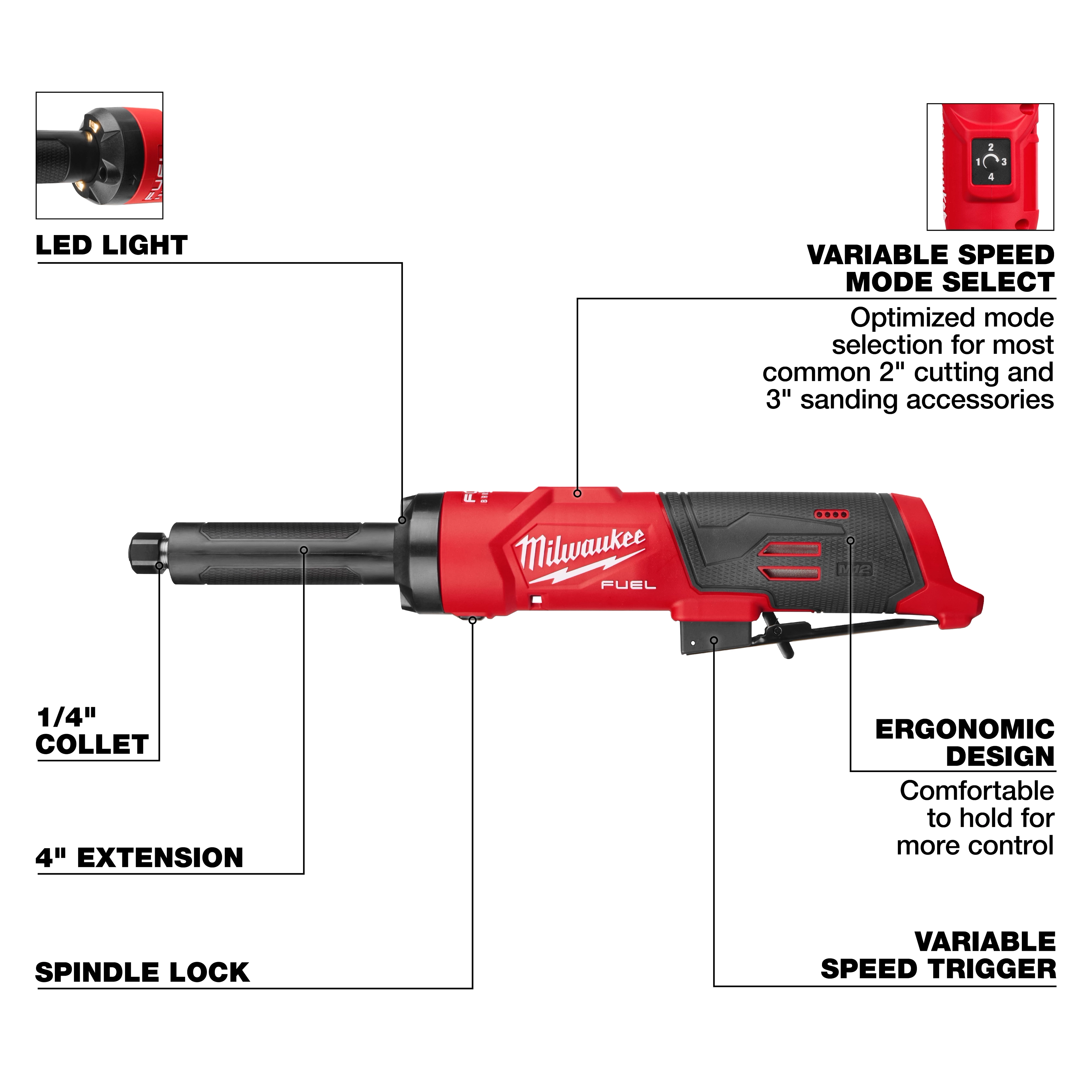 M12 FUEL 1/4" Extended Die Grinder with long body, LED light, and labeled variable speed and ergonomic features.