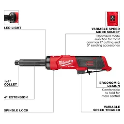 M12 FUEL 1/4" Extended Die Grinder with long body, LED light, and labeled variable speed and ergonomic features.