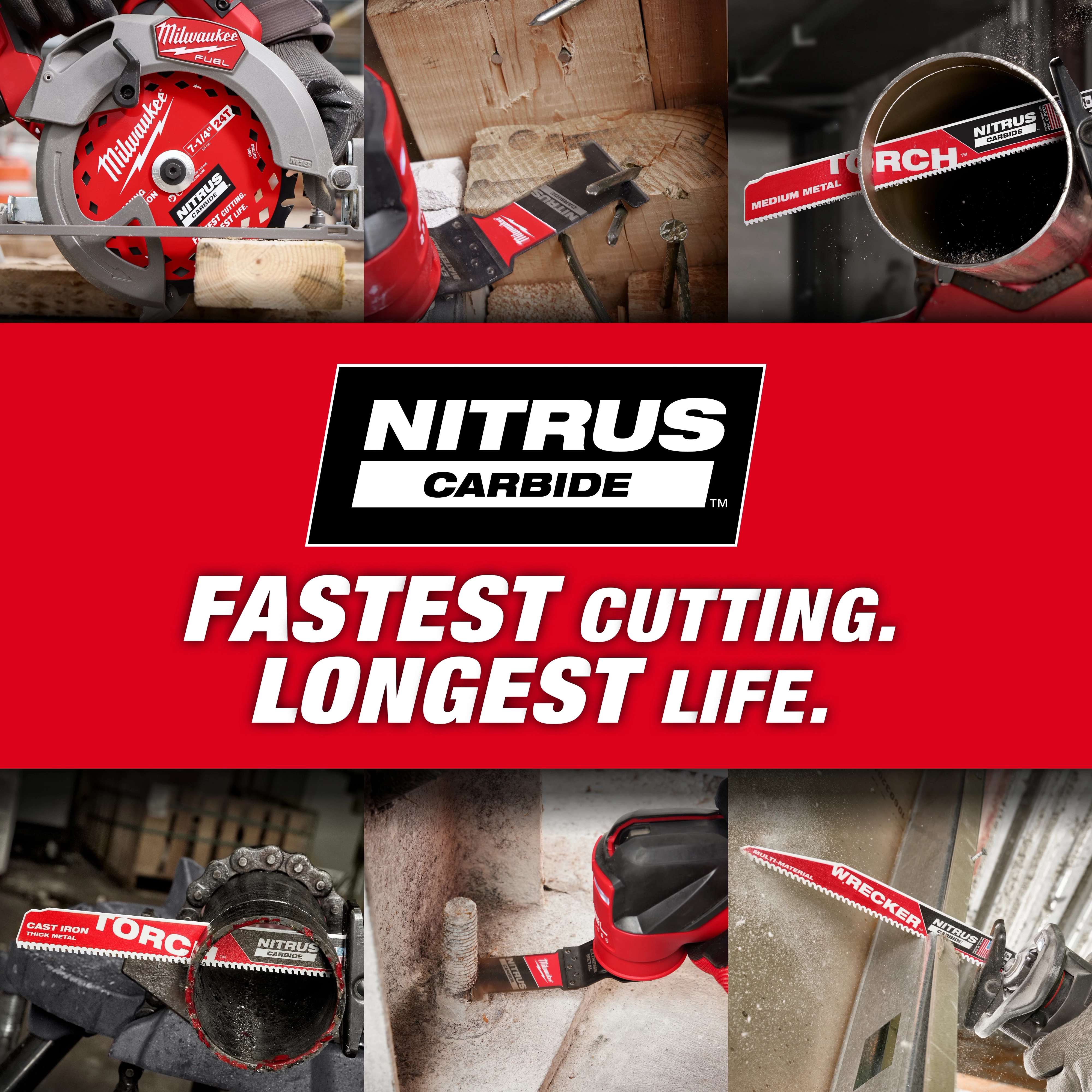 Milwaukee Nitrus Carbide blades are showcased cutting various materials, including wood, metal, and cast iron. The central banner reads, "NITRUS CARBIDE. FASTEST CUTTING. LONGEST LIFE." The images highlight the product’s efficiency and durability in different cutting applications.