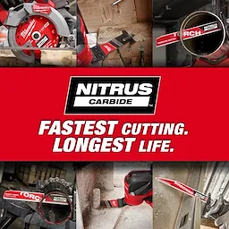 Milwaukee Nitrus Carbide blades are showcased cutting various materials, including wood, metal, and cast iron. The central banner reads, "NITRUS CARBIDE. FASTEST CUTTING. LONGEST LIFE." The images highlight the product’s efficiency and durability in different cutting applications.