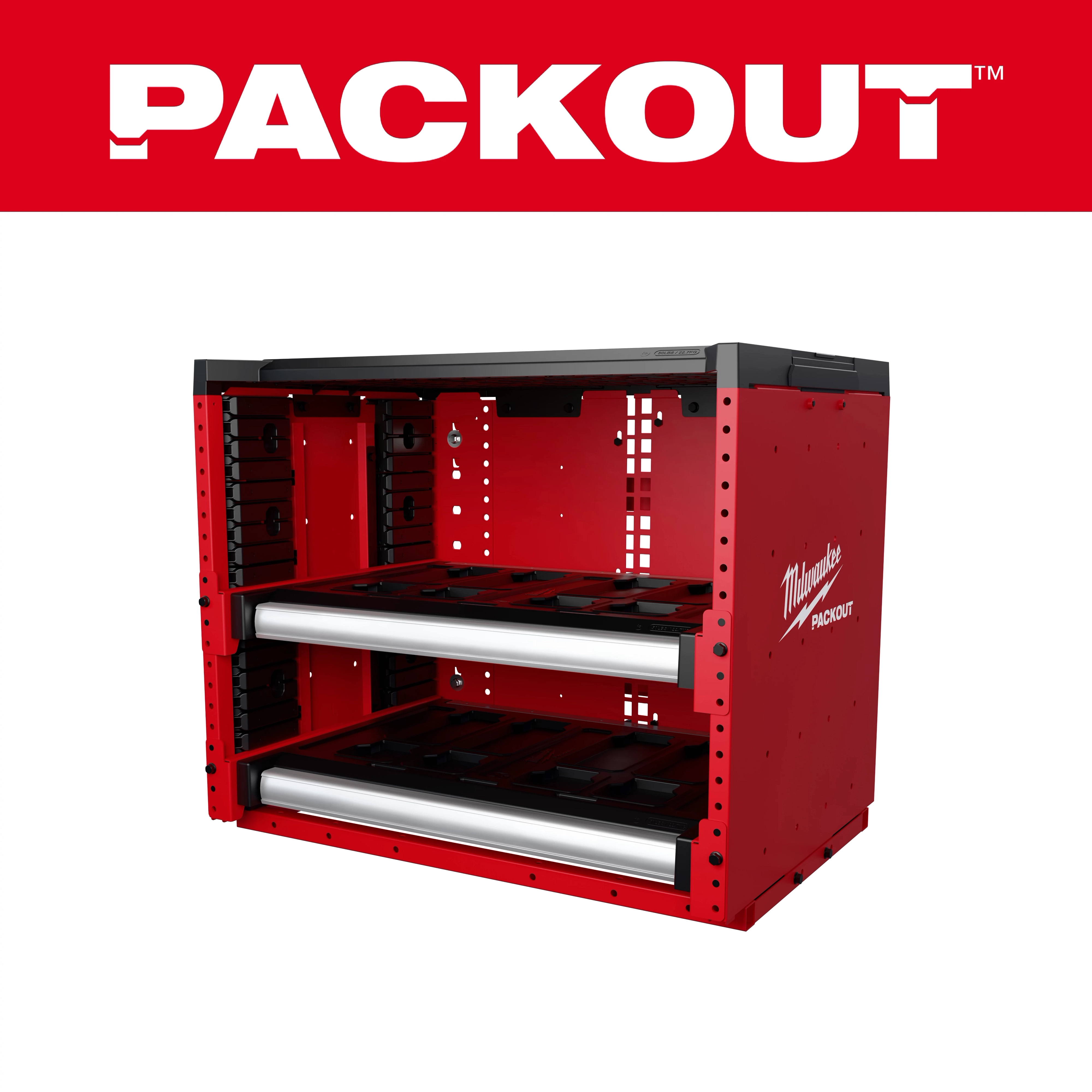 The PACKOUT™ Rack is a red, modular storage system by Milwaukee, featuring an open frame with two adjustable metal shelves. The Milwaukee logo is displayed on the side.