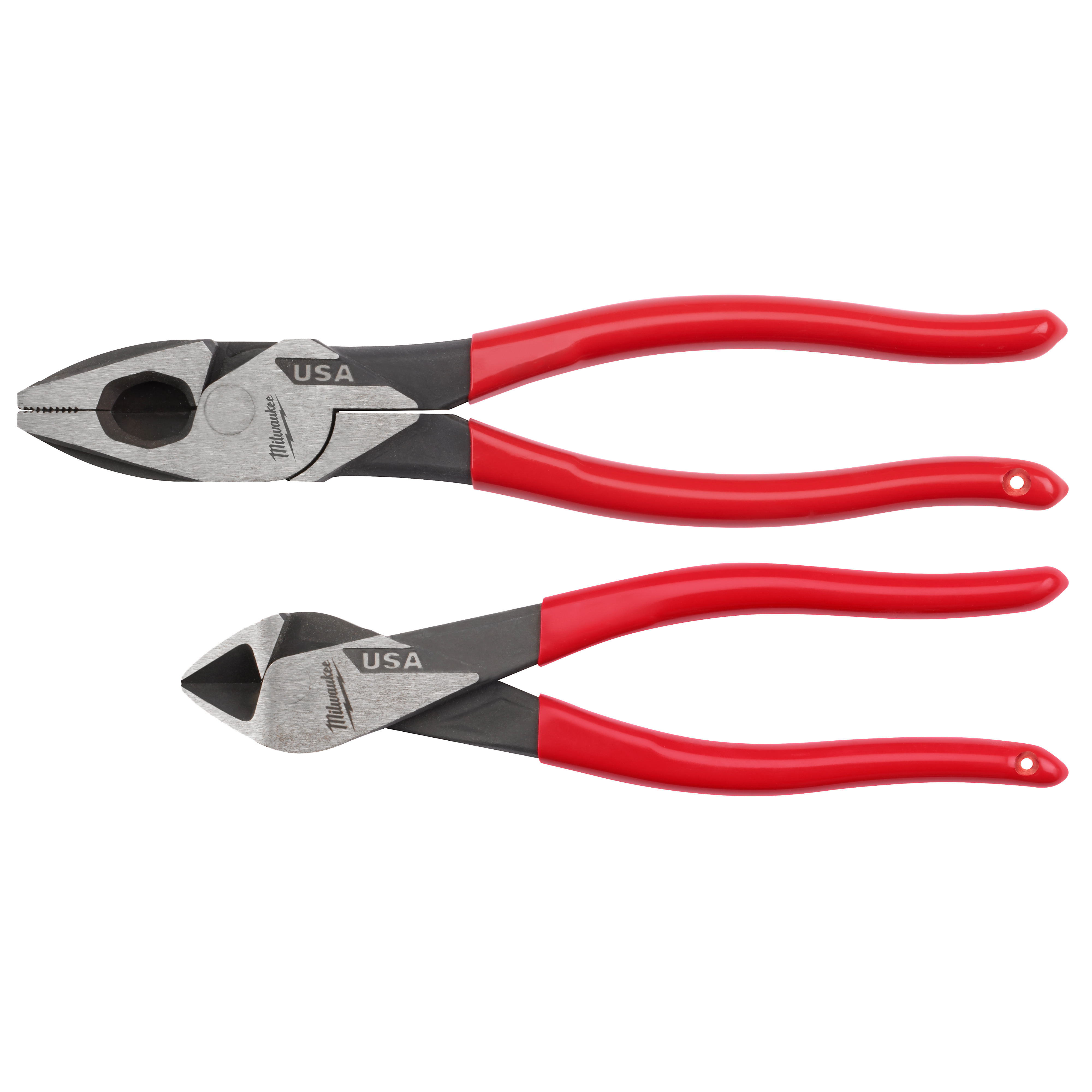 The image shows a 2PC Dipped Grip Cutting Pliers Set (USA) with two pliers featuring red handles and metal cutting edges.