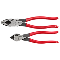 The image shows a 2PC Dipped Grip Cutting Pliers Set (USA) with two pliers featuring red handles and metal cutting edges.
