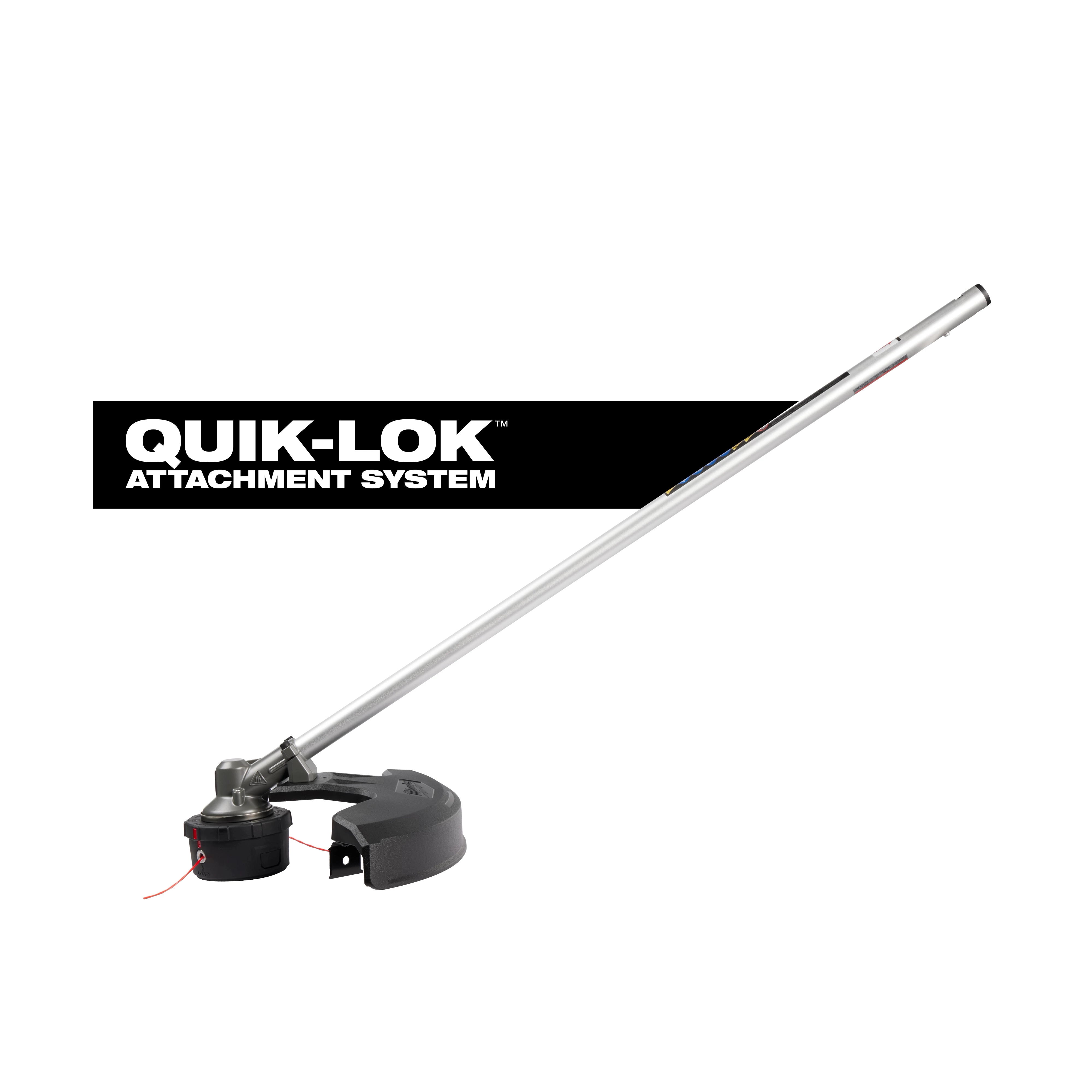 QUIK-LOK 16” String Trimmer Attachment with long metal shaft and black trimmer head on white background.