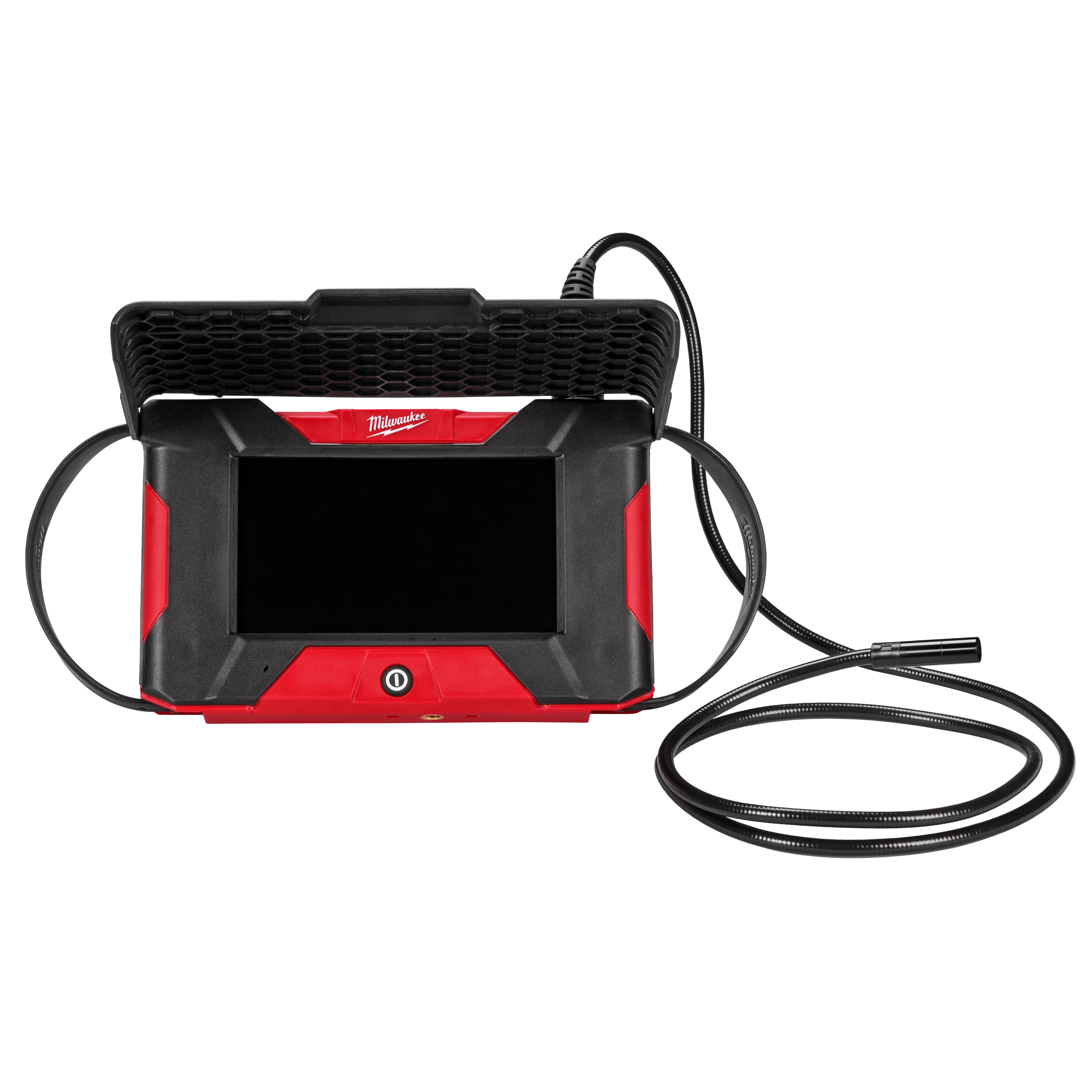 The image shows a M12™ Wireless Monitor by Milwaukee. The device has a rectangular screen with a rugged, red and black casing, and attached inspection cables. A black protective cover is situated above the screen.