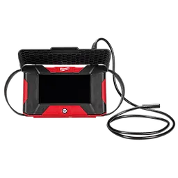 The image shows a M12™ Wireless Monitor by Milwaukee. The device has a rectangular screen with a rugged, red and black casing, and attached inspection cables. A black protective cover is situated above the screen.