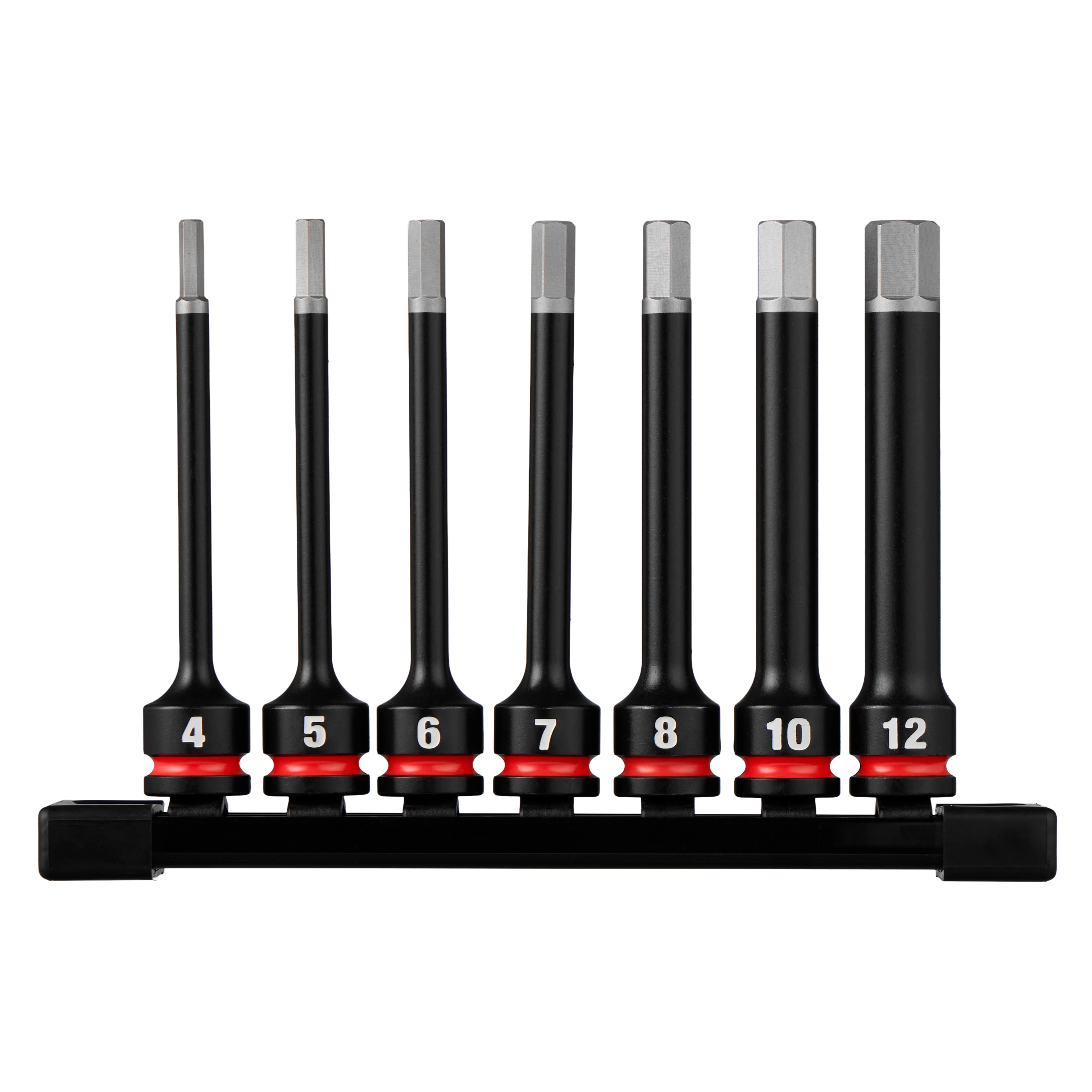7PC SHOCKWAVE Impact Duty 3/8" Drive 4" Hex Metric Bit Socket Set arranged on a black holder.